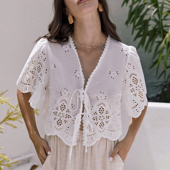 Tops - White Boho Women's Summer Ruffle Sleeve Embroidery Fabric Lace Up Short Top